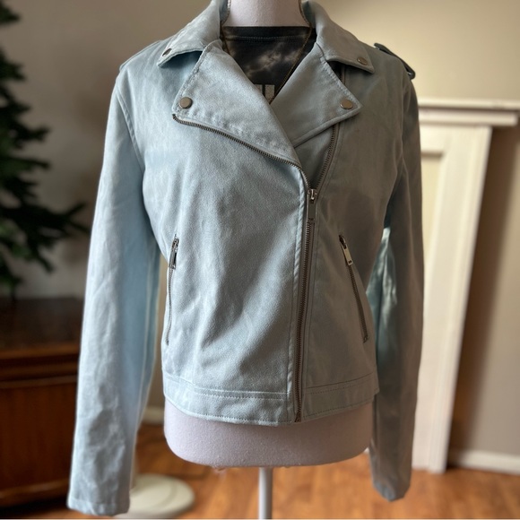 Outer Edge Ice Blue Faux Suede Edgy Moto Jacket Sz XL - Picture 8 of 14